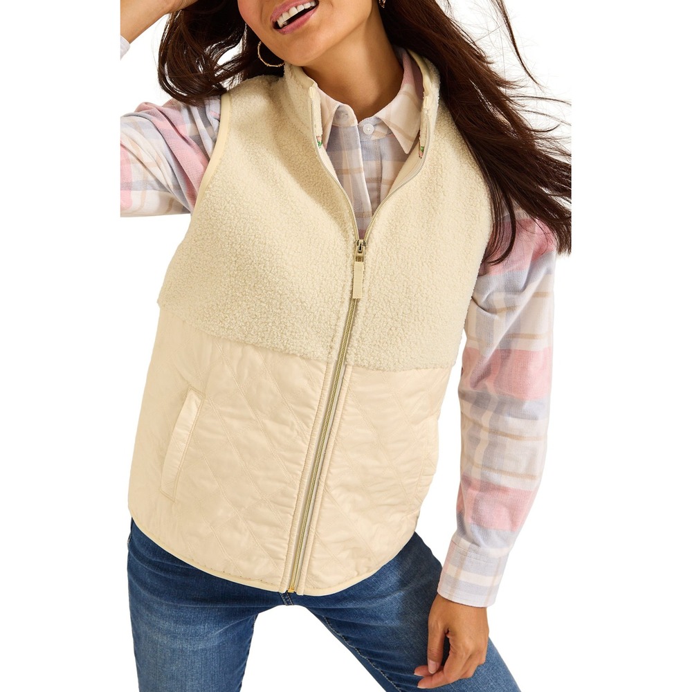 Tommy‎ Bahama Womens XS Mixed Media Quilted Sherpa Hybrid Vest New Ecru SW520772